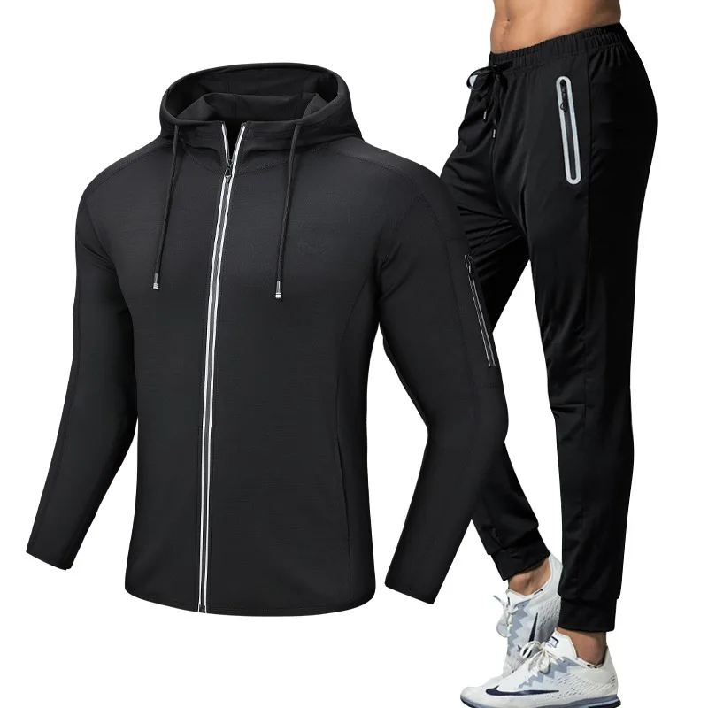 2pcs Men's Quick Dry Training Sports Set Hooded Fitness Outfit with Jacket And Pants Active Wear