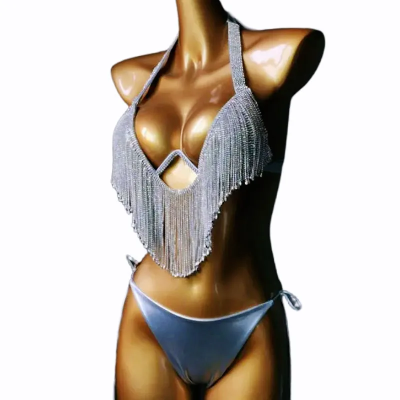 

Nightclub Rhinestones Chains Bikini for Women DJ Pole Dance Performance Stage Costume Gold Silver Tassel Bra Briefs Rave Outfit