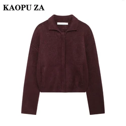 KAOPU ZA Woman's 2024 New Autumn Casual Turn-down Collar Knit Bomber Jacket Coat Female Vintage Long Sleeve zipper Cardigan Top