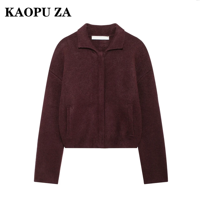 KAOPU ZA Woman's 2024 New Autumn Casual Turn-down Collar Knit Bomber Jacket Coat Female Vintage Long Sleeve zipper Cardigan Top