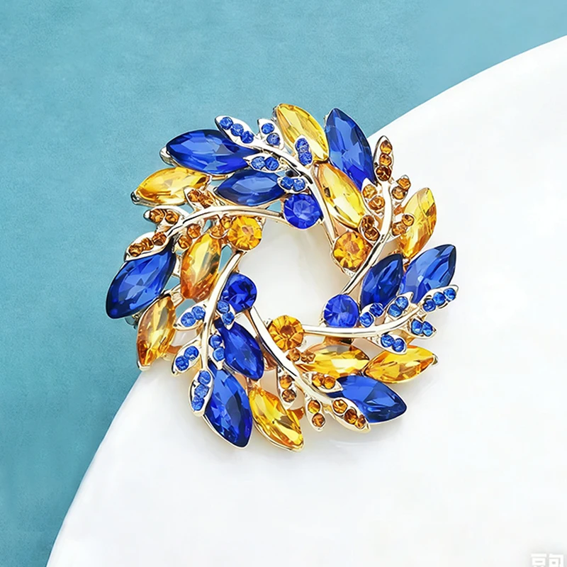 Wuli&baby Classical Olive Branch Circle Brooches For Women Crystal Round Flowers Party Office Brooch Pins Gifts