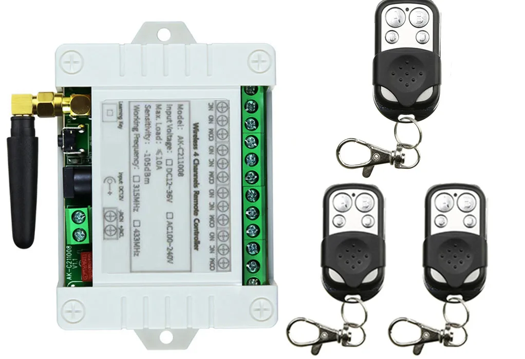 Smart Multiple DC 12V 24V 36V 433MHz 4 CH 4 Channel Wireless 10A Relay RF Remote Control Switch Receiver + 4CH Metal Transmitter