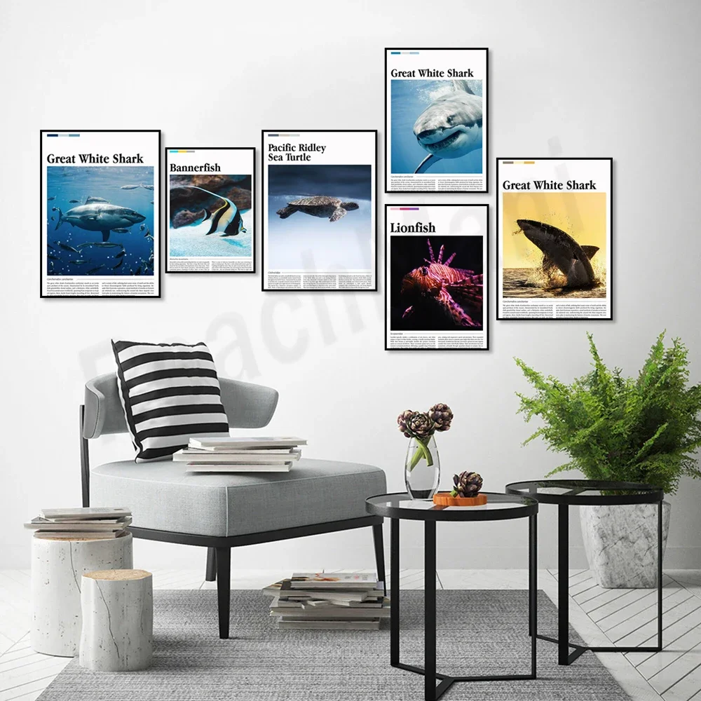 Sea life poster, swordfish, great white shark, bull shark, lion fish, Pacific Ridley sea turtle, tiger shark, sea wall art