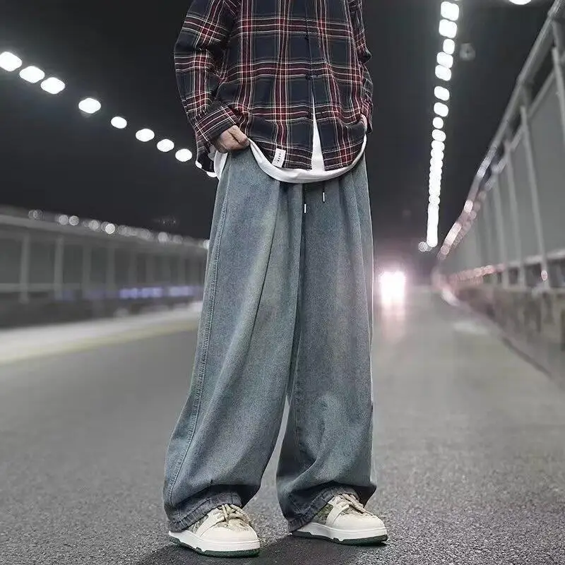 

Vintage Men's Drawstring Elastic Waist Straight Washed Baggy Jeans Casual Floor Length Wide Leg Washed Baggy Denim Pants