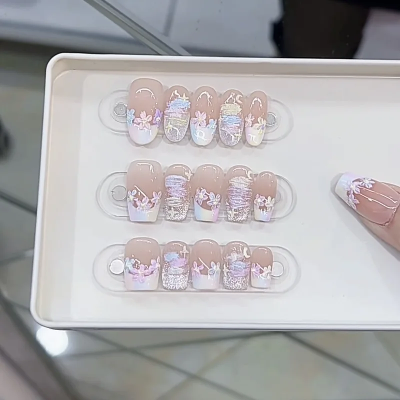 Handmade Glued Nails Coffin Press on Nails Acrylic Spring Summer Nail Tips Multicolored Flowers False Nails with Box and Tools