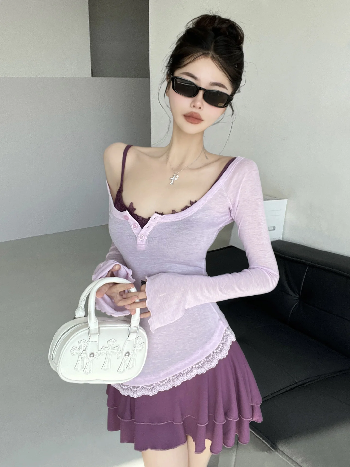 ballet-girl-spring-summer-sweet-sister-ruffle-lace-pad-strap-dr-color-blo-perforation-pure-desire-t-irt-two-piece-set