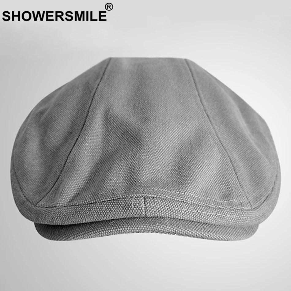 SHOWERSMILE Spring Summer Canvas Flat Cap for Men Beret Hat 100% Cotton Beige Ivy Cap Male Solid Vintage British Brand Hats