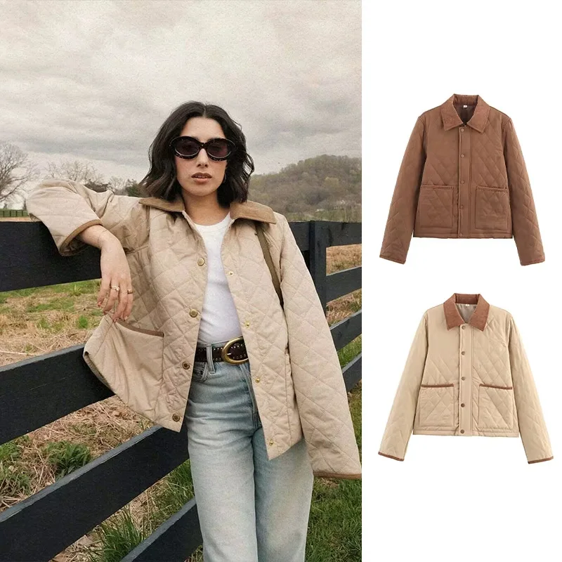 

2025 Women's Fashion Cotton Coat Solid Khaki Warm Single Breasted 2 Pockets Crop Jackets Woman Chic Outwear