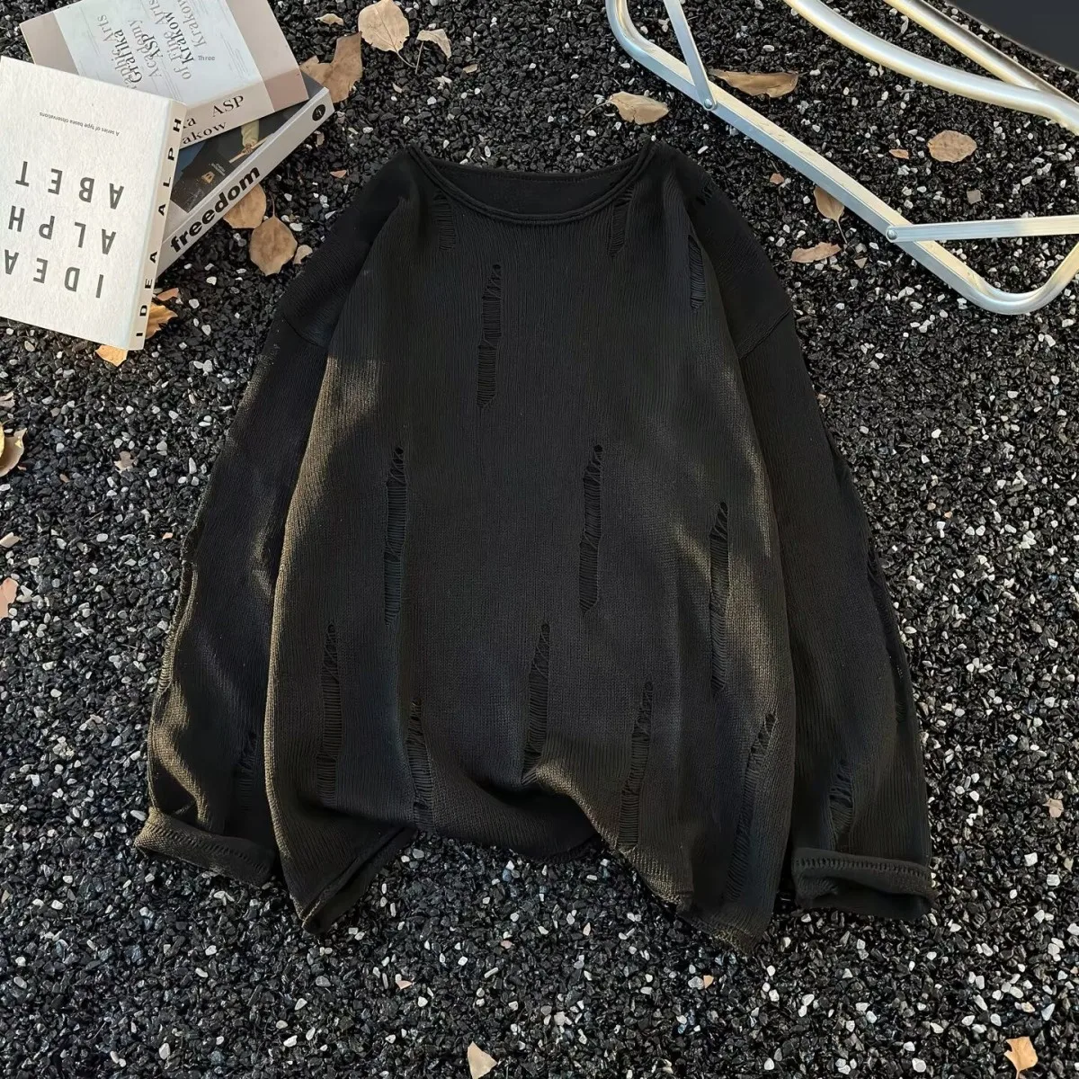 

Spring Autumn Irregular Hole Knitwear Men Trendy High Street Hip Hop Oversize American Sle Women's Loose Fit Long Sve Top