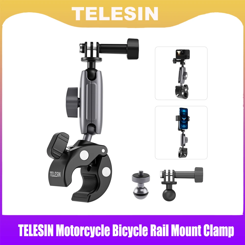 TELESIN Motorcycle Bicycle Rail Mount Clamp with 360 degree Ball Mount Clip For Gopro Hero 11 10 9 8 7 6 For Phone Action Camera