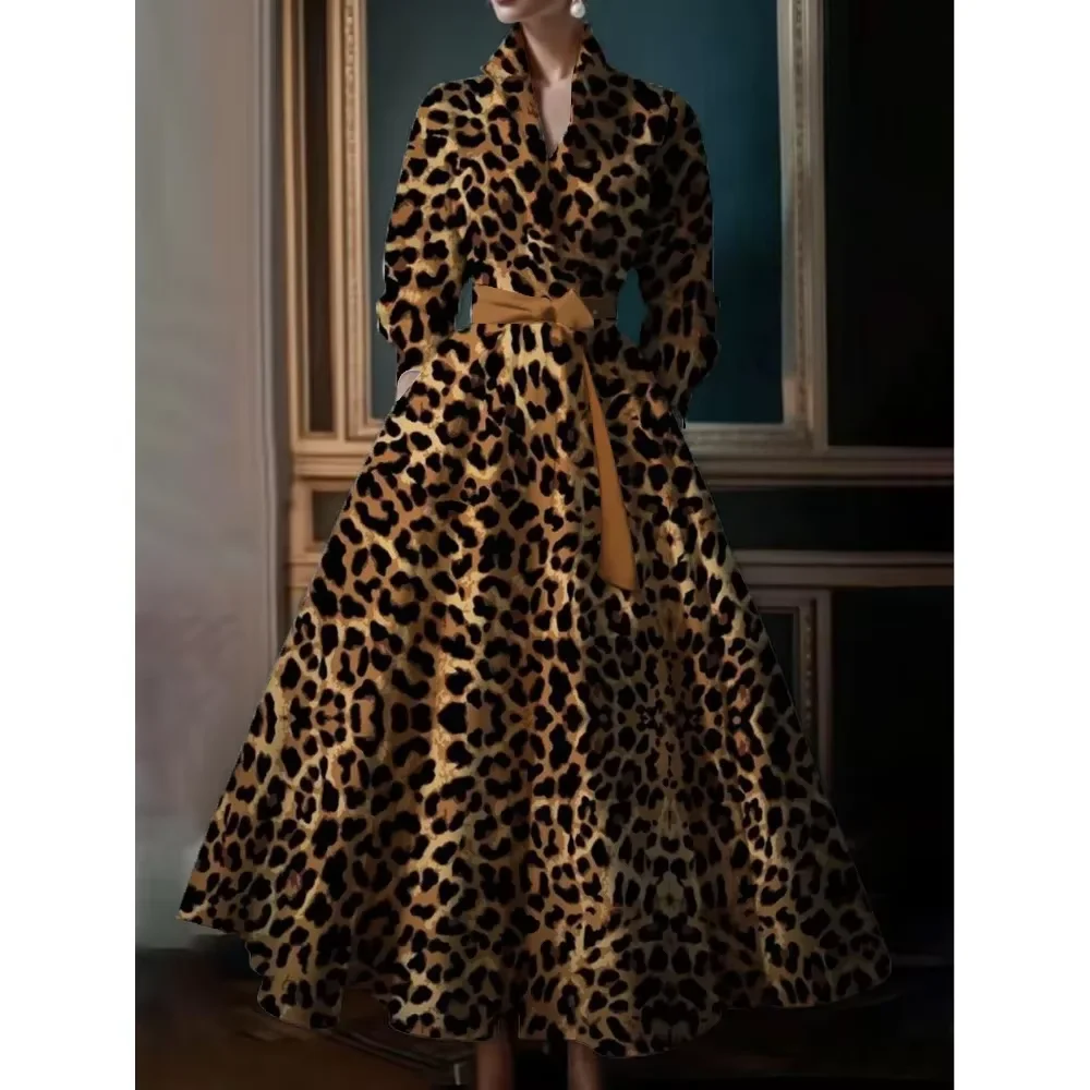 Abiti lunghi eleganti retrò Boho con motivo leopardato colletto alla coreana abito lungo a maniche lunghe abito da sera da sposa a trapezio Vestido
