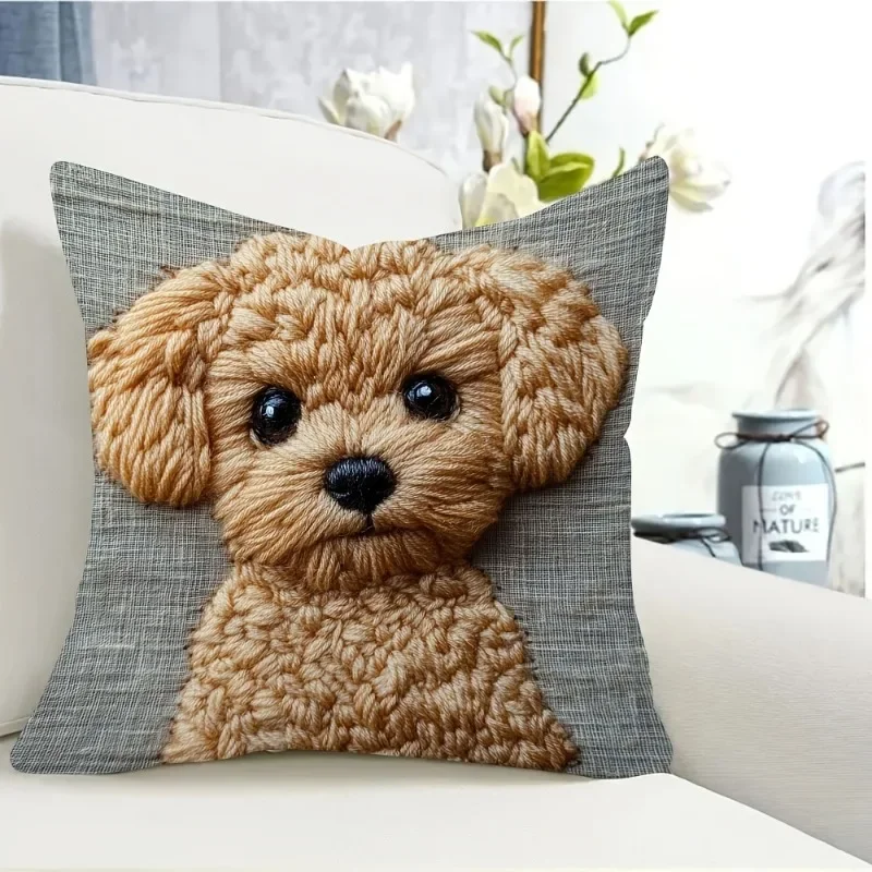 Adorable Curly Puppy Cushion Cover Embroidery-Style Soft and Skin-Friendly Sofa Cushion Cover Bedroom Decorative Pillowcase