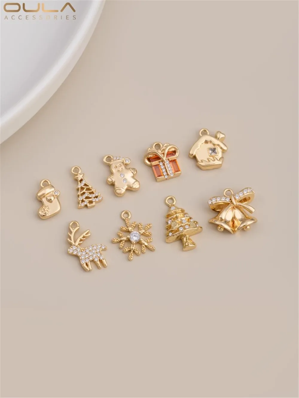 14K Gold-Color Plated Snowflake Snowman Bell Gift Box Reindeer Christmas Tree Series Pendant Hand Diy Jewelry Pendant