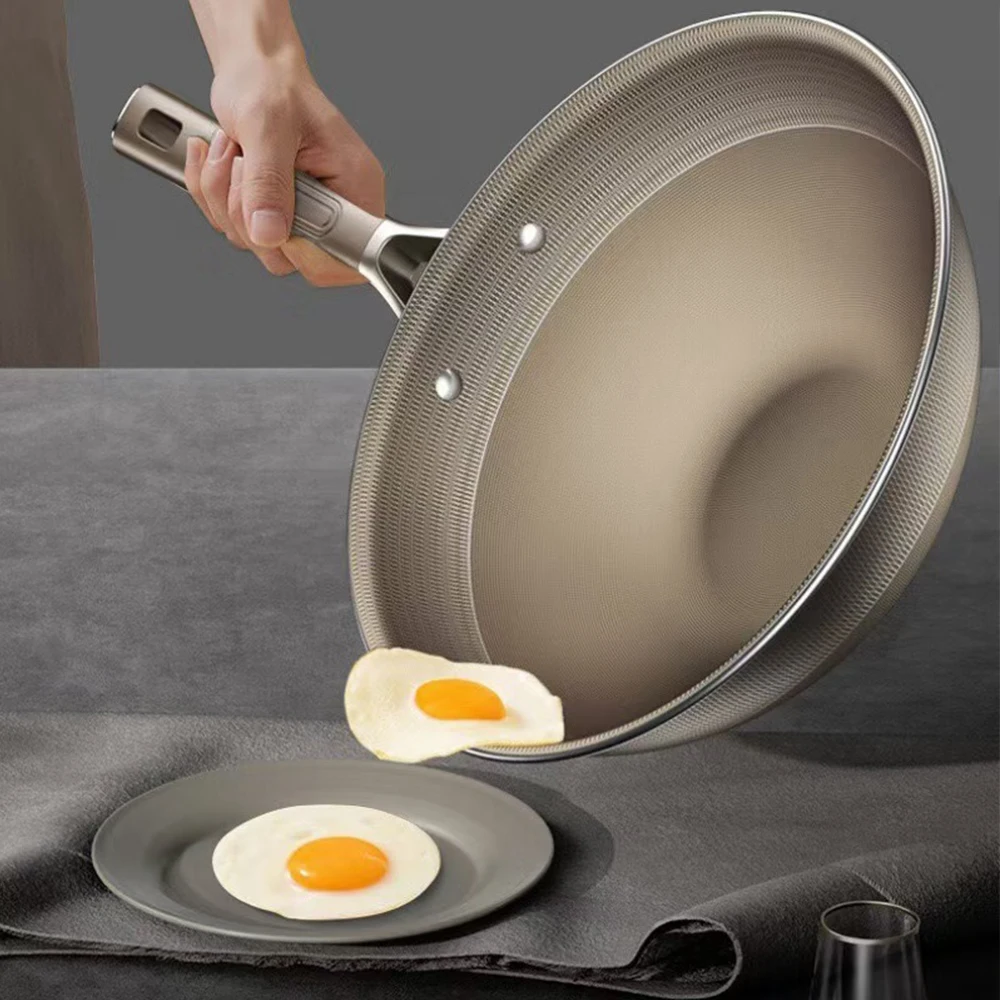 Titanium Stainless Steel Wok Frying Pan Uncoated Nonstick Pot Home Kitchen Cookware Skillet Induction Gas Stove Special Saucepan