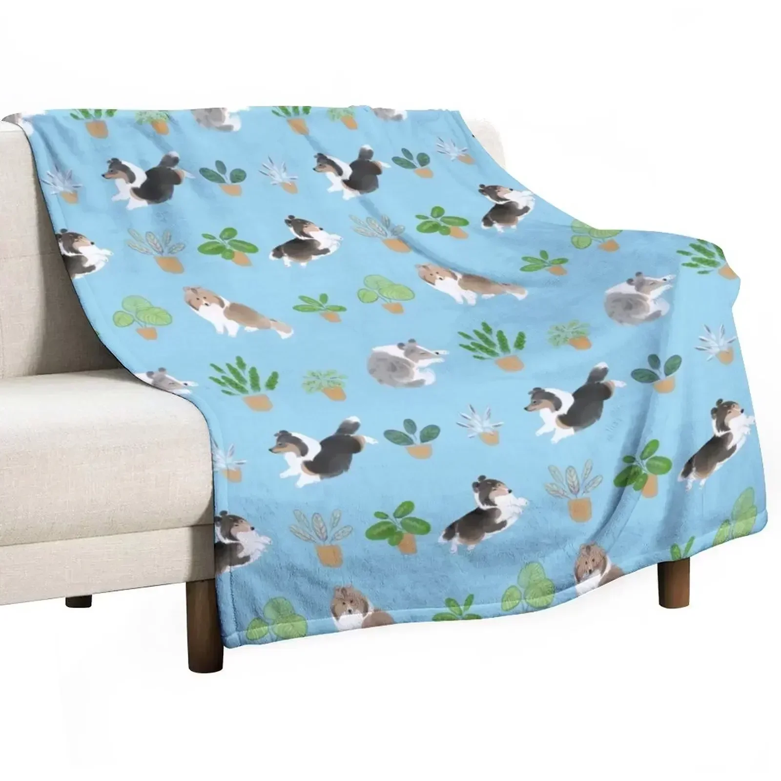 Manta suave para sofá con diseño de Shelties y Calathea en azul, para todo tipo de clima