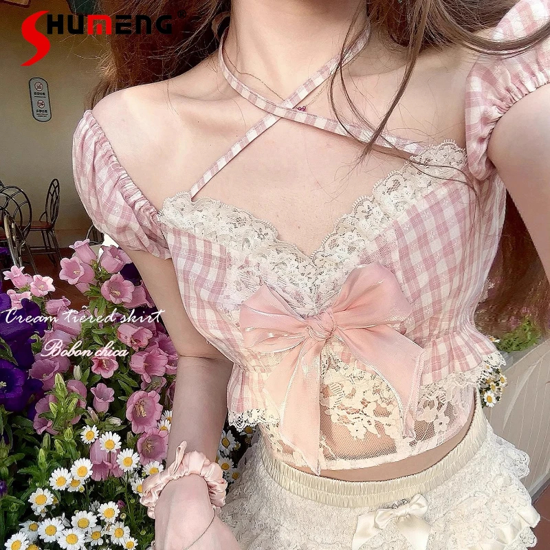 

Pure Sweetheart French Style Soft Girl Bow Cotton Doll Shirt Lolita Sweet Short Jacquard Bubble Sleeves Blouse Women's Clothing