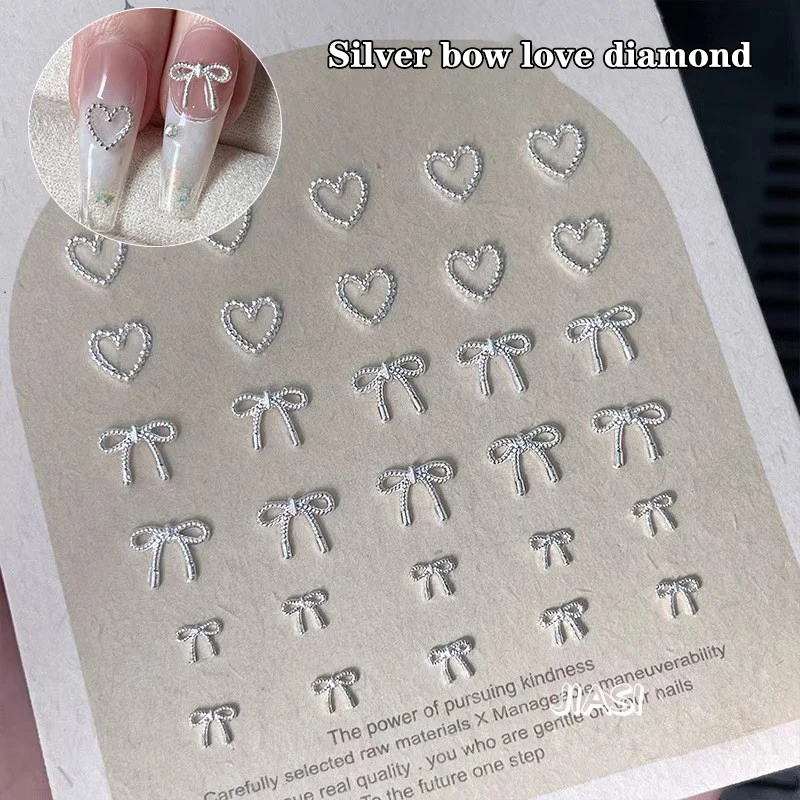 10개 합금 리본 사랑 네일 아트 장식품 3D 럭셔리 메탈 실버 리본 모양 쥬얼리 DIY 매니큐어 디자인 용품