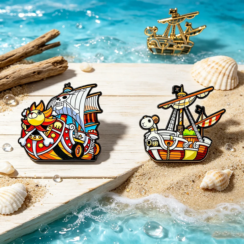 2pcs Anime Pirate Ship Thousand Sunny & Going Merry Enamel Pins Set Metal Brooch Badge Cartoon Lapel Pin for Clothing Accessory