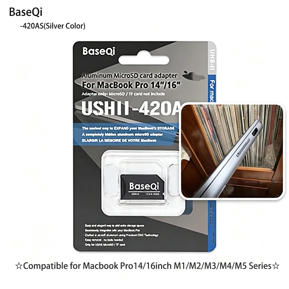 BaseQi For MacBook Pro14inch 16inch Year 2021-2026 Micro SD Card Adapter 420AS Aluminum Reader Sliver Color Increase Storage