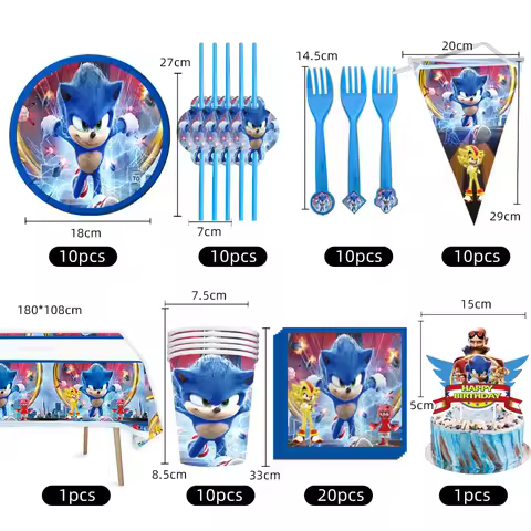 New Cartoon Sonic Party Supplies Boys Birthday Party Disposable Tableware Set Paper Plate Cup Napkin Balloon Baby Shower Decor