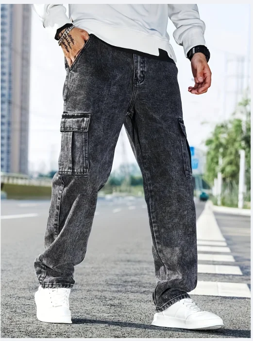 Autumn and winter new styles Men's Outdoor Wide Leg Workwear Multi-Pocket Jeans Straight fit Large size men's jeans