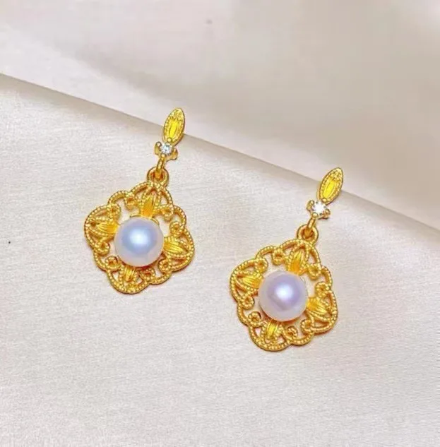 9999 24K genuine gold pearl hollow diamond earrings for women, fashionable and simple double butterfly earrings, new temperament