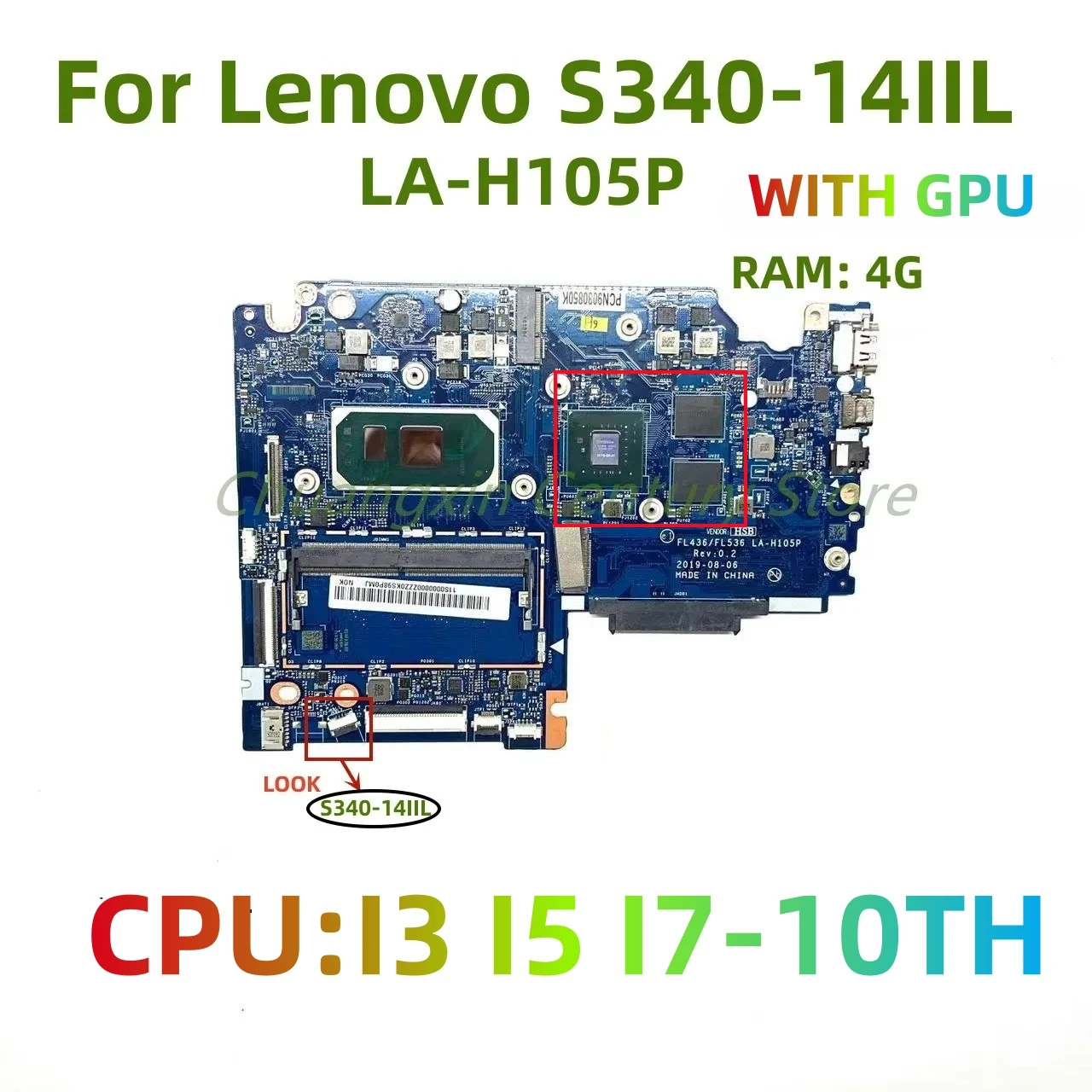 LA-H105P Is Suitable for Lenovo Notebook Computer S340-14IIL/15IIL Motherboard CPU:I3 I5 I7-10TH GPU 2G RAM: 4G 100% Test OK