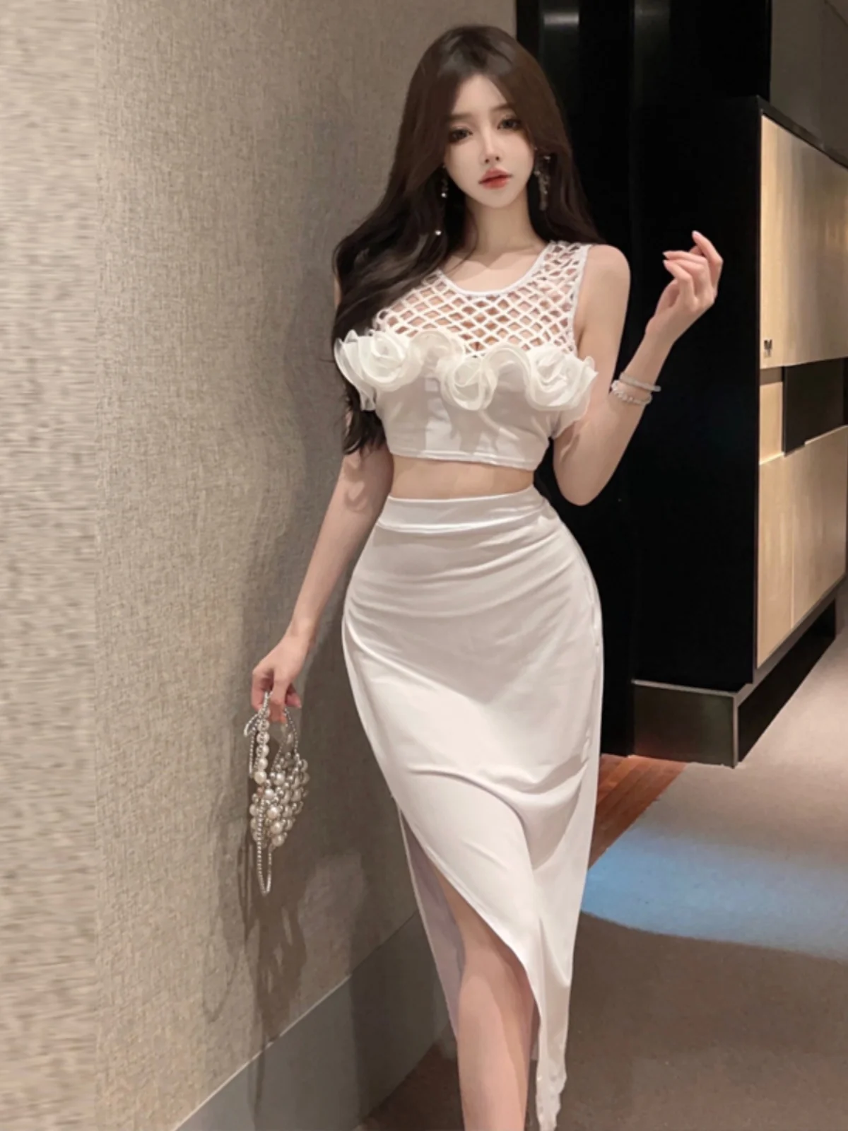 

Sweet acie's Hollow out Wood ain Vest Top Elastic Waist Split Skirt Set Faionable Women's Summer Outfit Ensemble