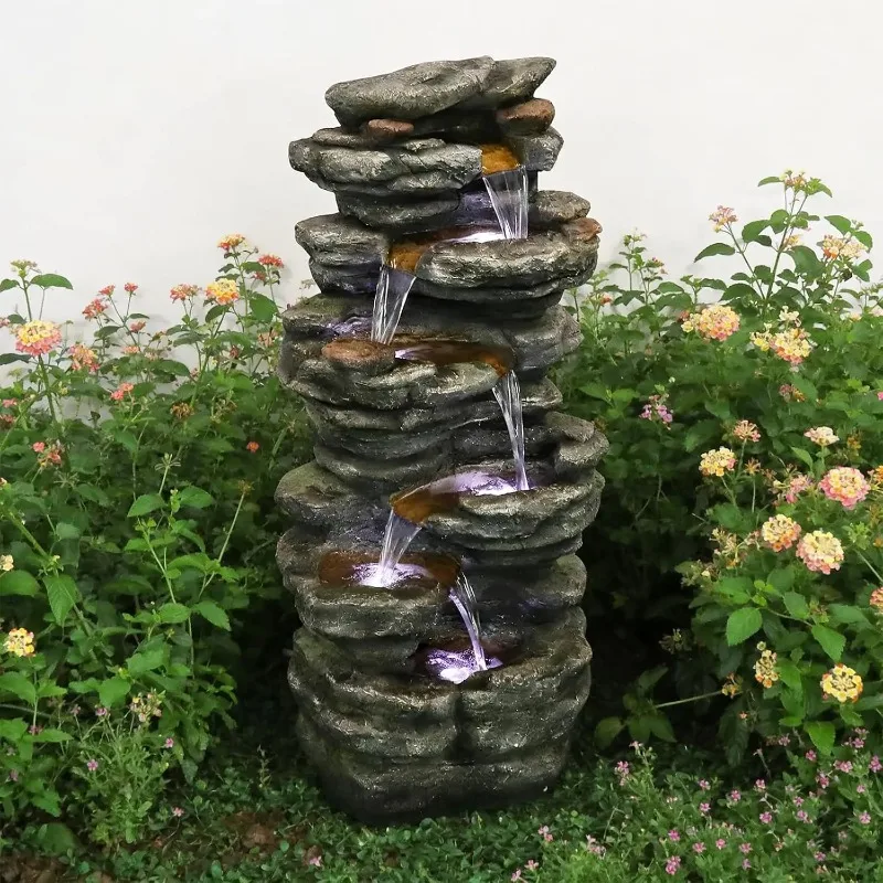 ^40inches High Outdoor Rock Water Fountain with LED Lights - 6-Tiers Poly-Resin Cascading Waterfall Fountain for Garden, Patio