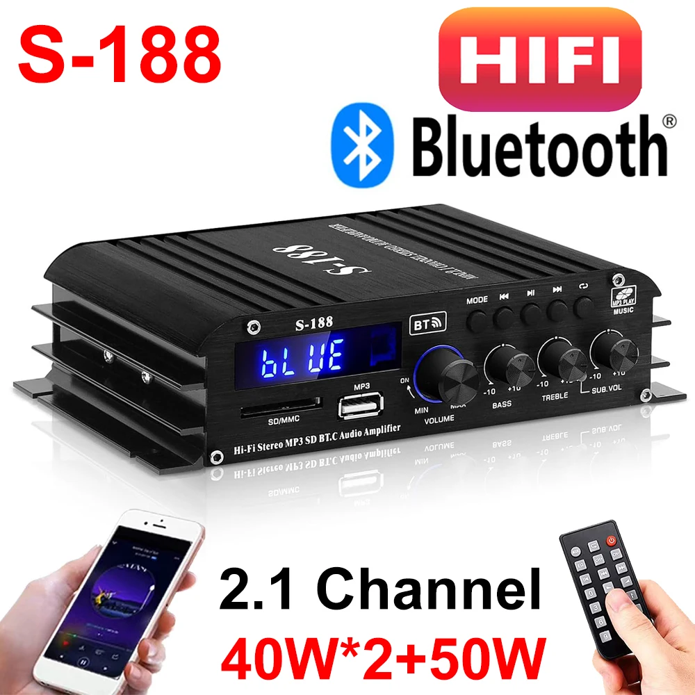 S-188 Home Audio Power Amplifier Bluetooth5.0 HiFi Stereo Amp Receiver 2.1 Channel Integrated Amplifiers Home Theater Speaker