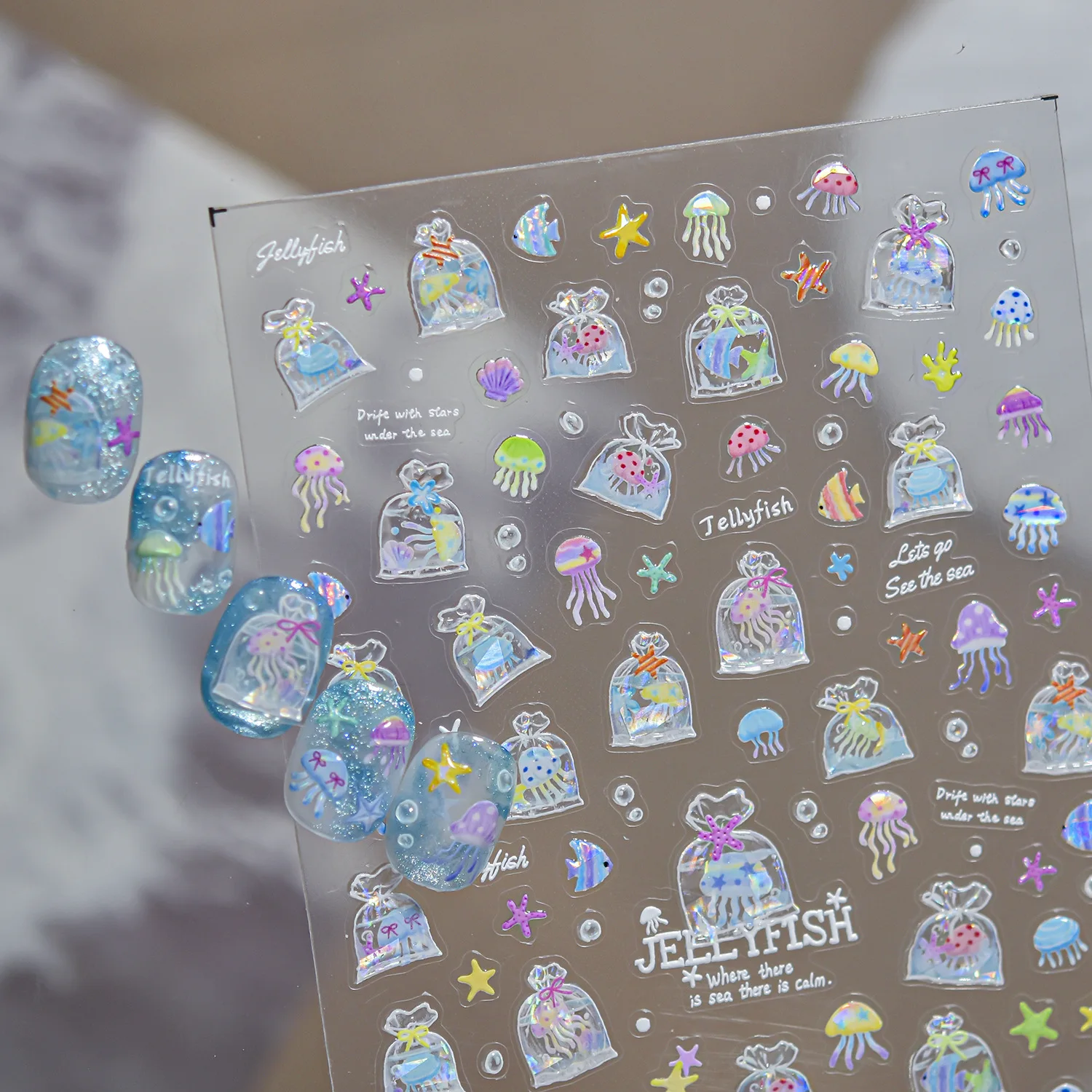 Summer Ocean 5D Nail Decals Jellyfish Starfish Tropical Fish Spiral Shell Bubble Nail Stickers Deep Sea Self Adhesive Manicure