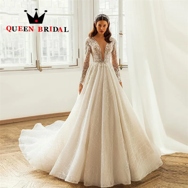 

Luxury Appliques Lace Beading Wedding Dresses Deep V Long Sleeve A-Line Court Train Bridal Gowns Vestido De Noiva Custom S61Y