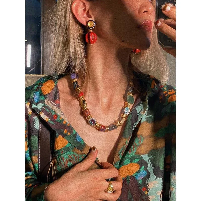 Vintage kwiatowy okrągły ceramiczny naszyjnik dla kobiet Design Sense 2024 nowość w modzie Chokers naszyjniki Party biżuteria prezent — zdjęcie 3