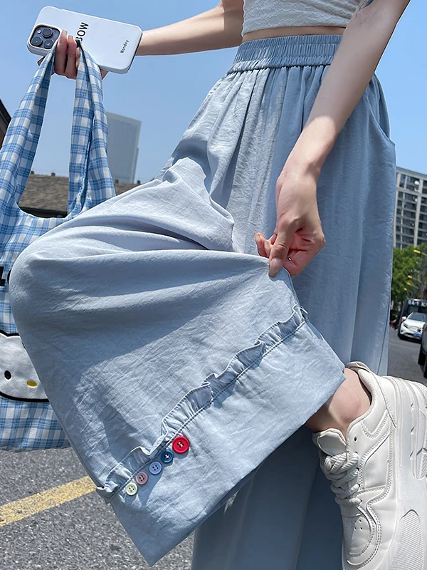 

Синие широкие брюки из шелковистого хлопка и льна для женщин, весна-лето, тонкие повседневные брюки, прямые брюки из марлевой ткани с цветочным узором