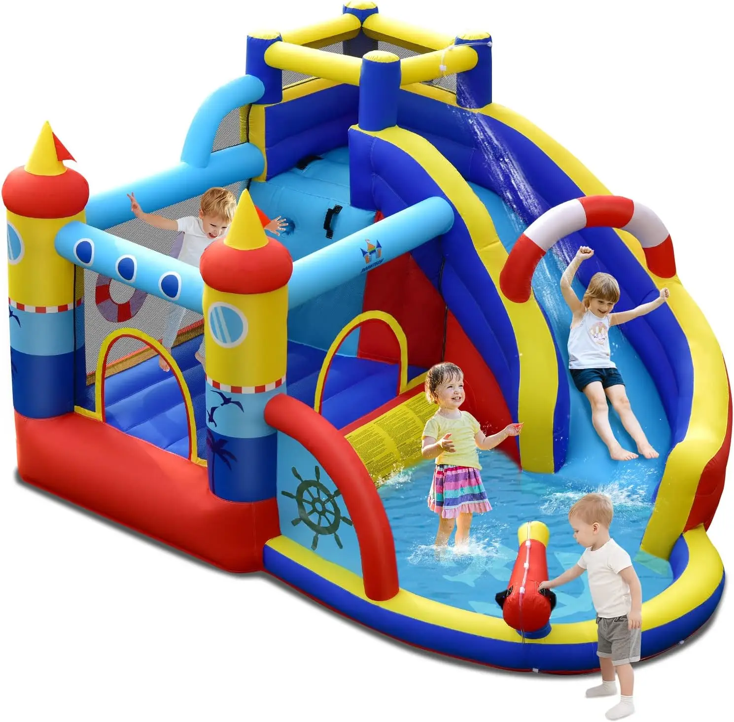 Aufblasbare 6-in-1-Hüpfburg 360x290x200cm, Wasserpark mit Rutsche, Plans ch becken und Wasserwerfer