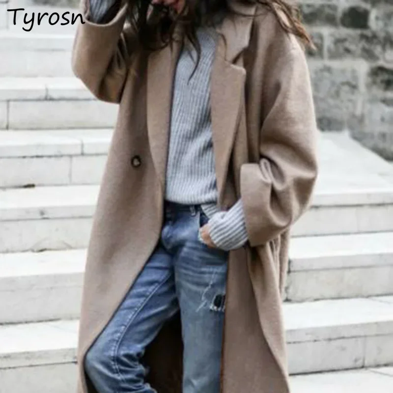 

Winter Long Trench Women Loose Notched Elegant Leisure Outerwear Solid Woolen Coats Office Lady Design Thicken Temperament Daily