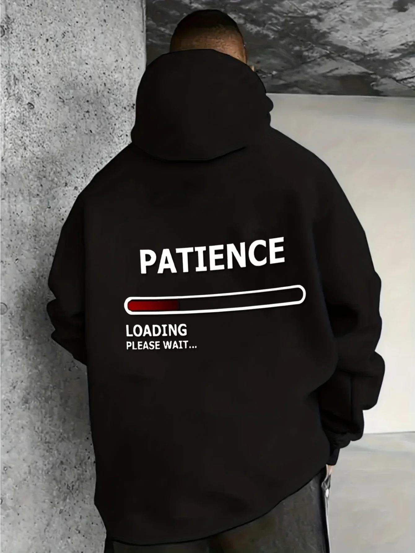 Men Back Print Hoodie, Patience Loading Progress Bar Slogan Graphic Hooded Sweatshirt, Funny Nerd Geek Casual Loose Pullover Hoodie