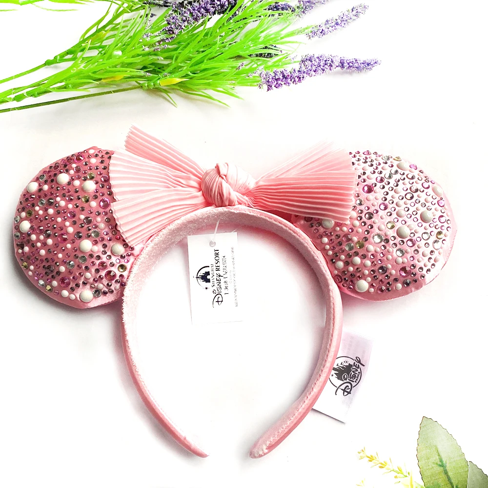 Disney Pink Mickey Mouse Headband Unique Diamond Pearls For Adults Pleated Bow Headband Minnie Park Accessories Headwear