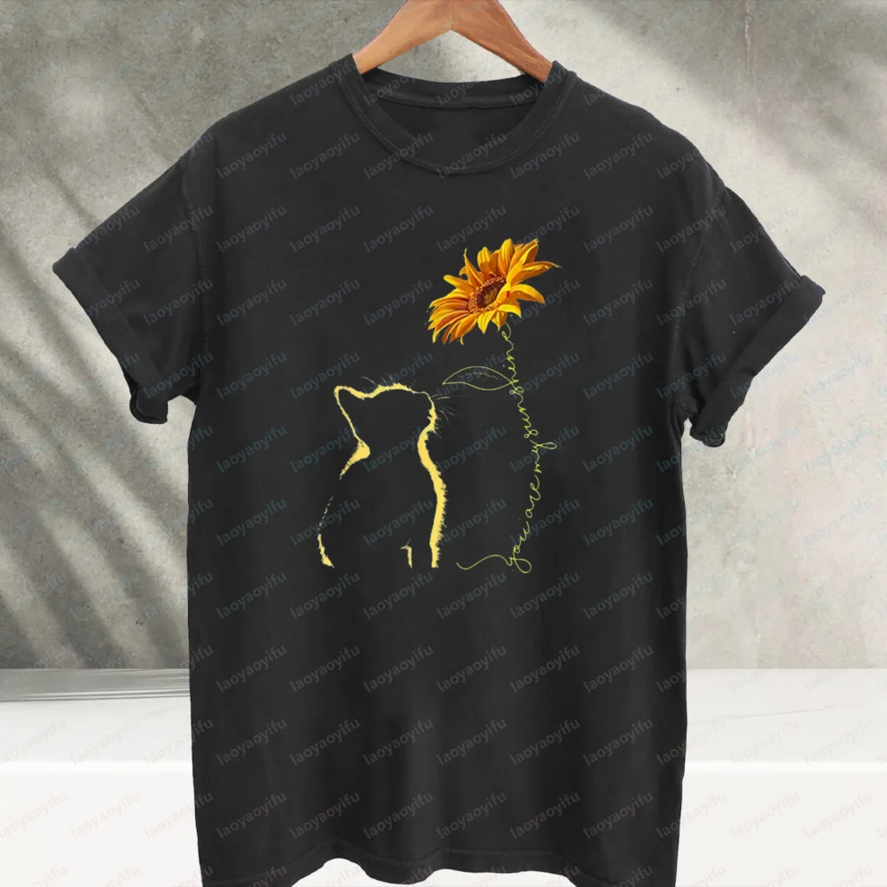 Minimal Line Art Cat with Sunflower Graphic T‑Shirt Vintage Aesthetic Floral Kitty Print Cotton Casual Loose Streetwear Tees Top