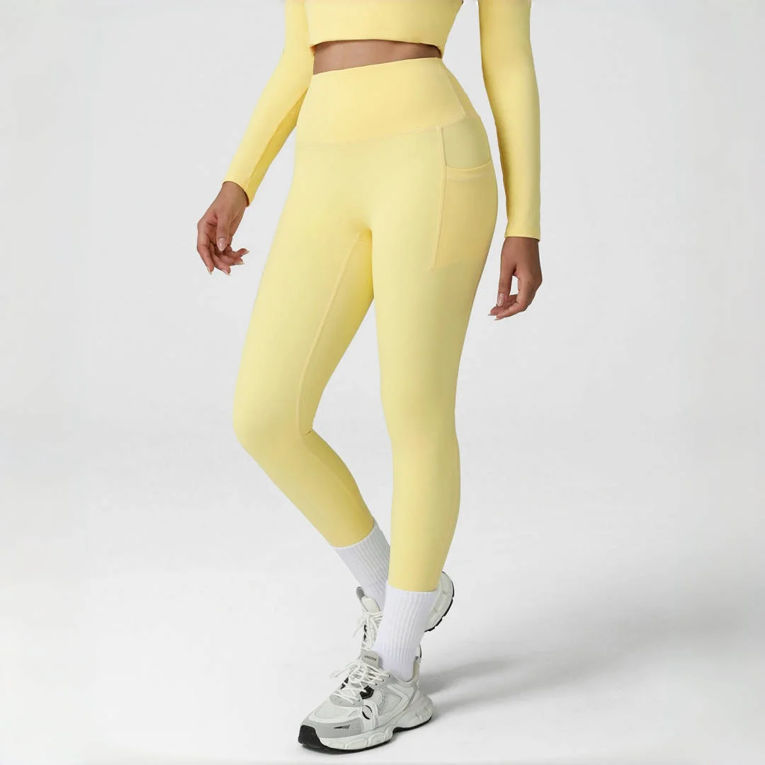 

Брюки для йоги с высокой талией, быстросохнущие леггинсы телесного цвета, одежда для тренировок на открытом воздухе, спортивные карманные брюки для йоги