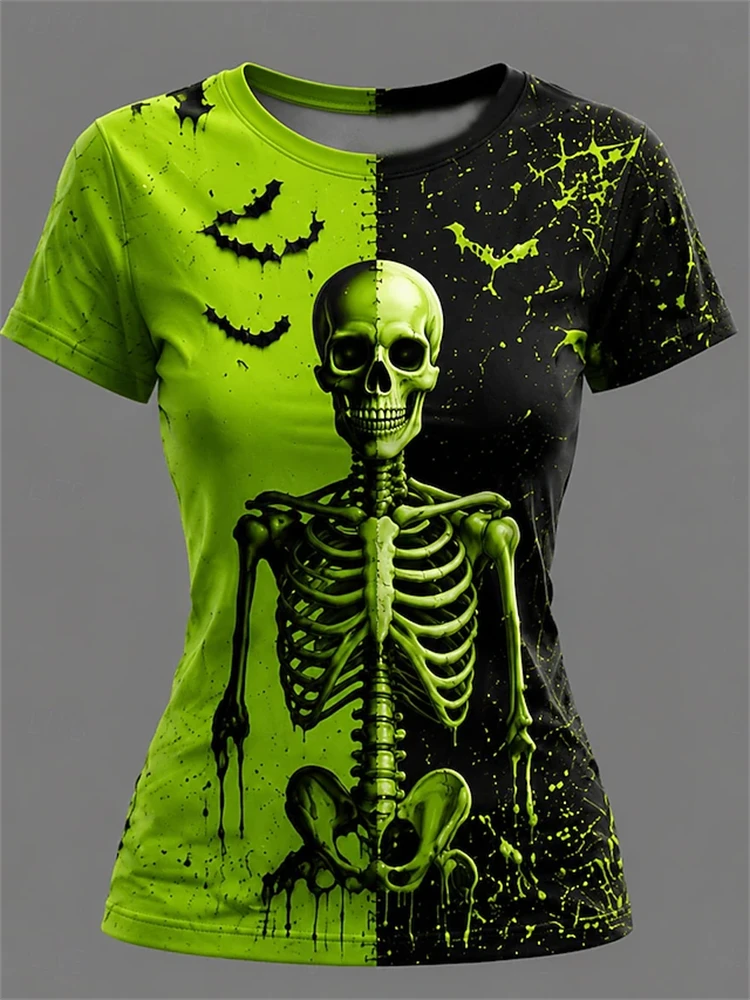 2026 Women's Halloween T-Shirt Retro Witch Pumpkin and Bat Print Casual Short-Sleeve Round-Neck Loose-Fitting Holiday Top