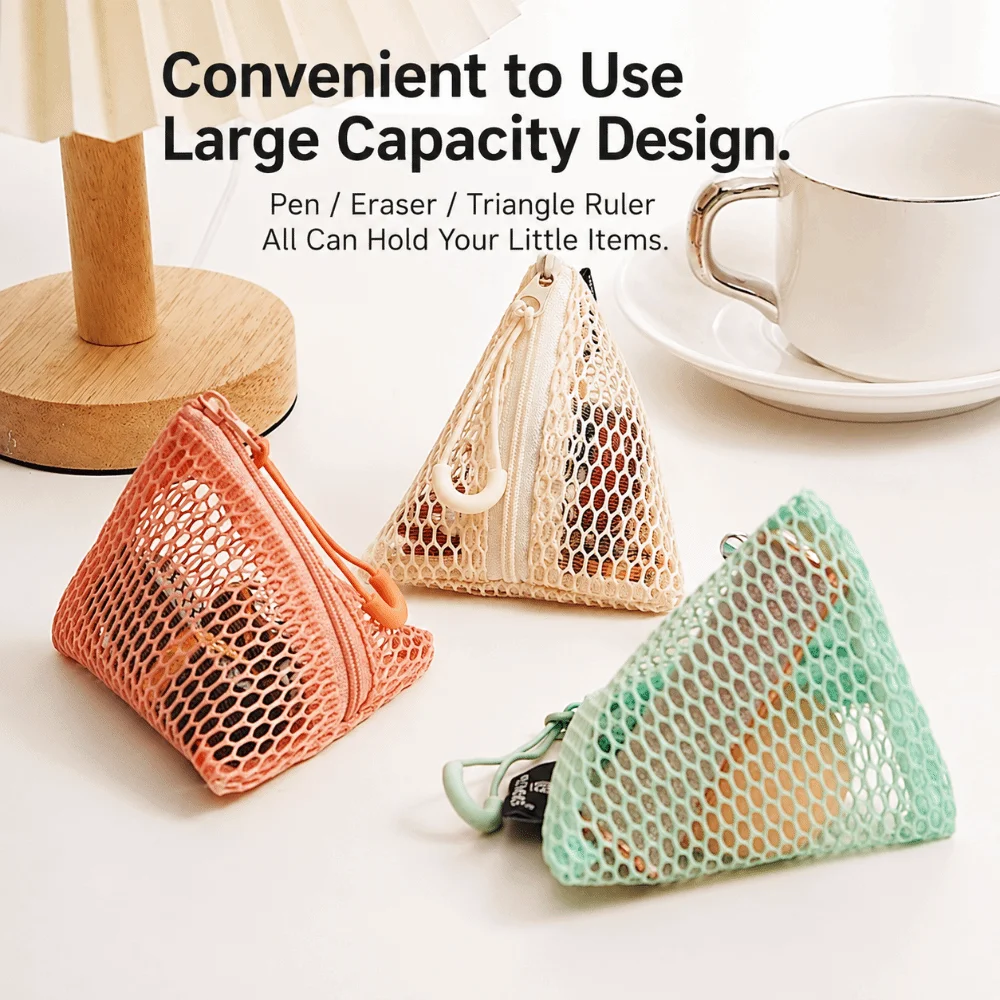 Triangle Design Mesh Bag Zongzi Shape Clear Visible Mesh Storage Pouch Organizer Mini Size Lightweight Mini Coin Purse