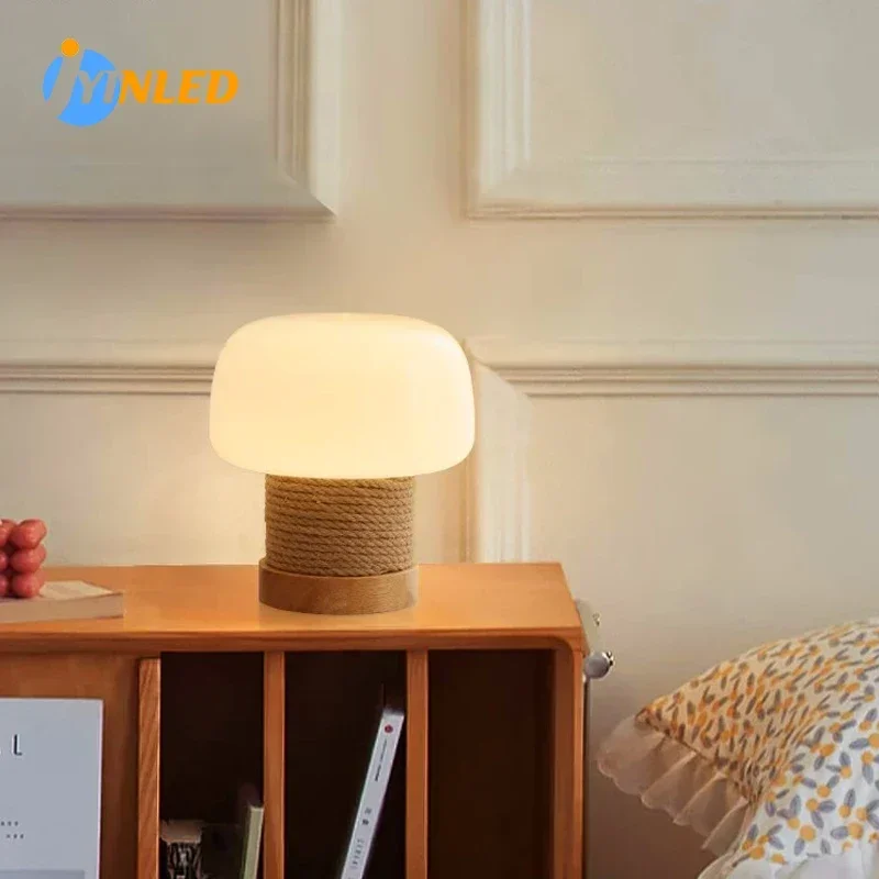 

Log Wind Sand Table Lamp Twine Solid Wood Mushroom Lamp Bedroom Beside Bed Decoration Atmosphere Light E27 Desk Lighting Fixture