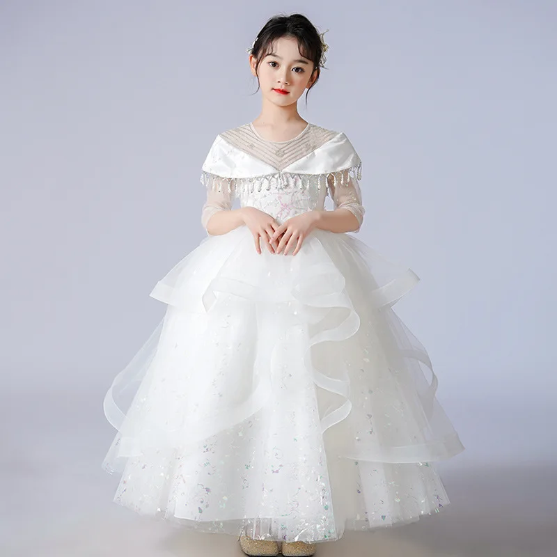 Junior Girls Formal Banquet Dress Teen Girls White Bridesmaid Wedding Dress Girl's Princess Party Ball Gown off Shoulder Tutu