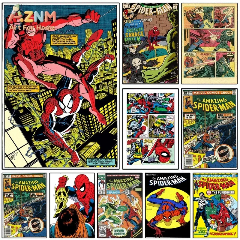 Spider Man Daredevil Canvas Wall Art Unframed Vintage Comic Collage Superhero Poster Print Home Bedroom Game Room Decor Gift