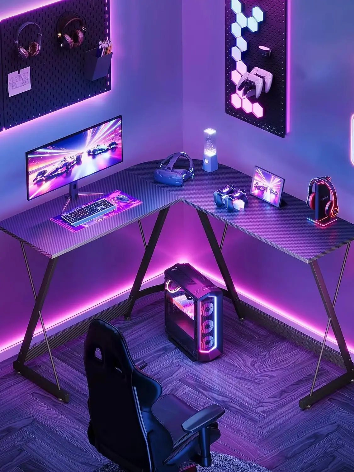 Coleshome  Gaming Schreibtisch in L-Form, Gaming Tisch, Stabiler Eckschreibtisch, einfache Montage, für Wohnzimmer & Arbeitszimmer, 120×120 cm, Kohlefaser Schwarz