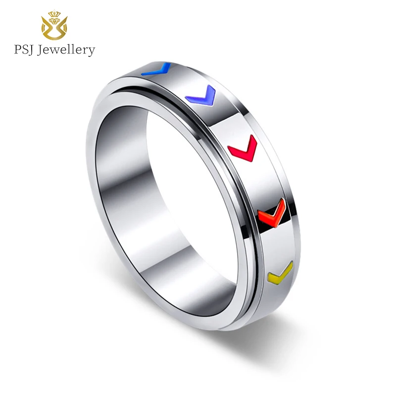 

PSJ Fashion Jewelry 6mm Polished Colorful Arrow Engraved Black Plated Rotatable Stainless Steel Rings for Men