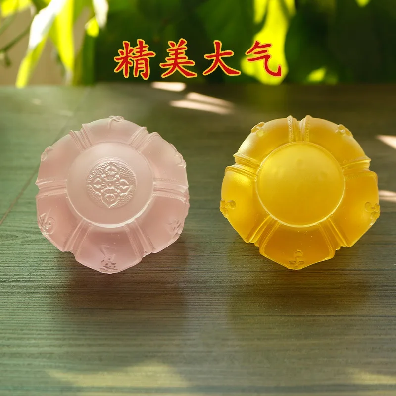 Traditional Glazed Lotus Base with Six-Word Mantra Carving, Butter Holder, Candle Stand, Buddhist Altar Offering Lamp