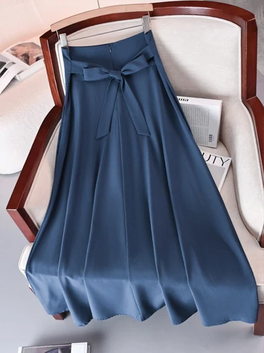 Imagen 2 del producto Novedad en vestidos, faldas acampanadas de Color sólido para mujer, ropa, Falda larga de cintura alta elástica para mujer con lazo, faldas elegantes para mujer