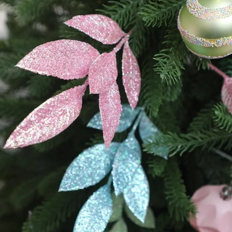 3/12 Stück Rosa Glitzernde Blätterzweige Künstliche Stiele für Weihnachtsbaum DIY Kranz Hochzeitstisch-Dekoration Winterparty-Deko – Detail 8
